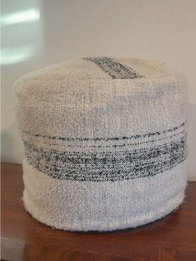Threshold Neutral Bouclé Pouf with Subtle Dark Stripe